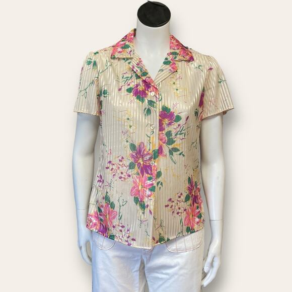 VTG Striped sheer yellow button up with purple floral prints size small - Picture 1 of 7